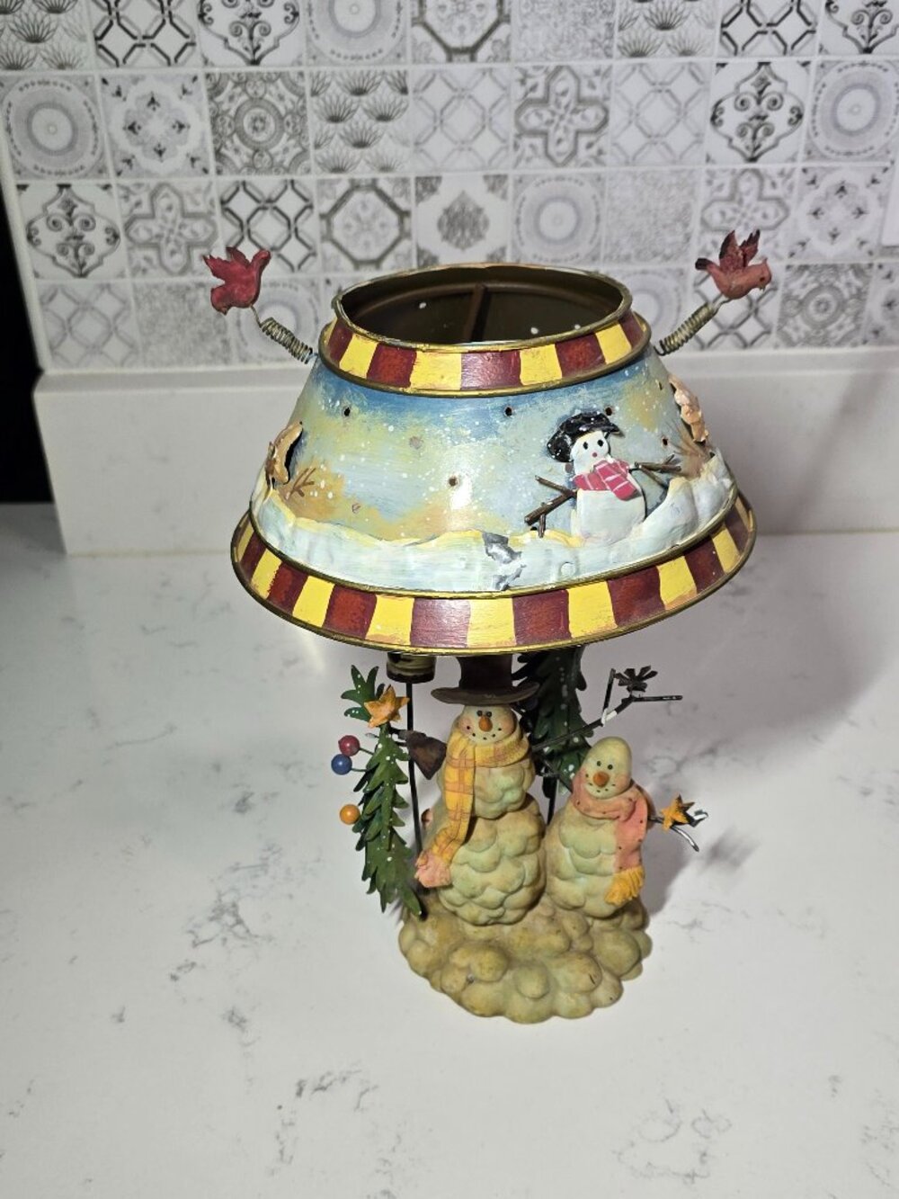 Vintage Snowman Family Christmas Tea Light Lamp Metal Shade Rustic Holiday Decor